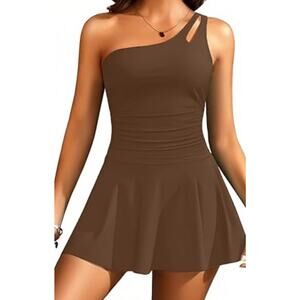 New Women’s One Piece swimsuit dress‎ One Shoulder Brown Sz L Slimming Shaper